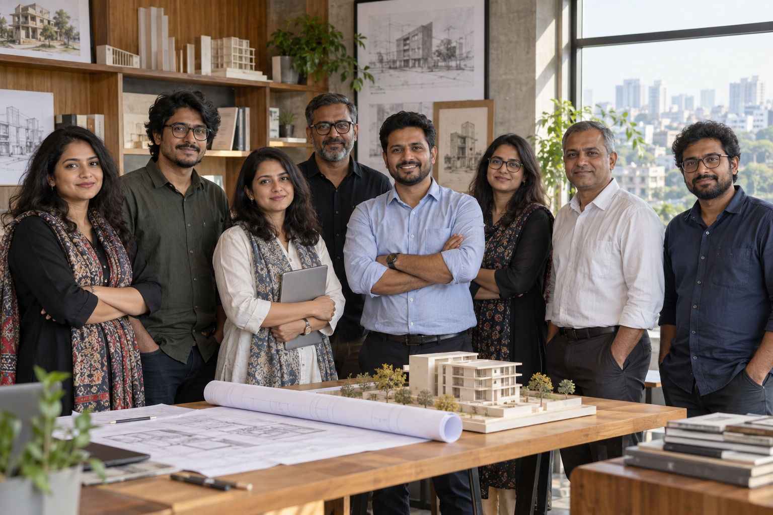 AI-generated sample architecture office group photograph